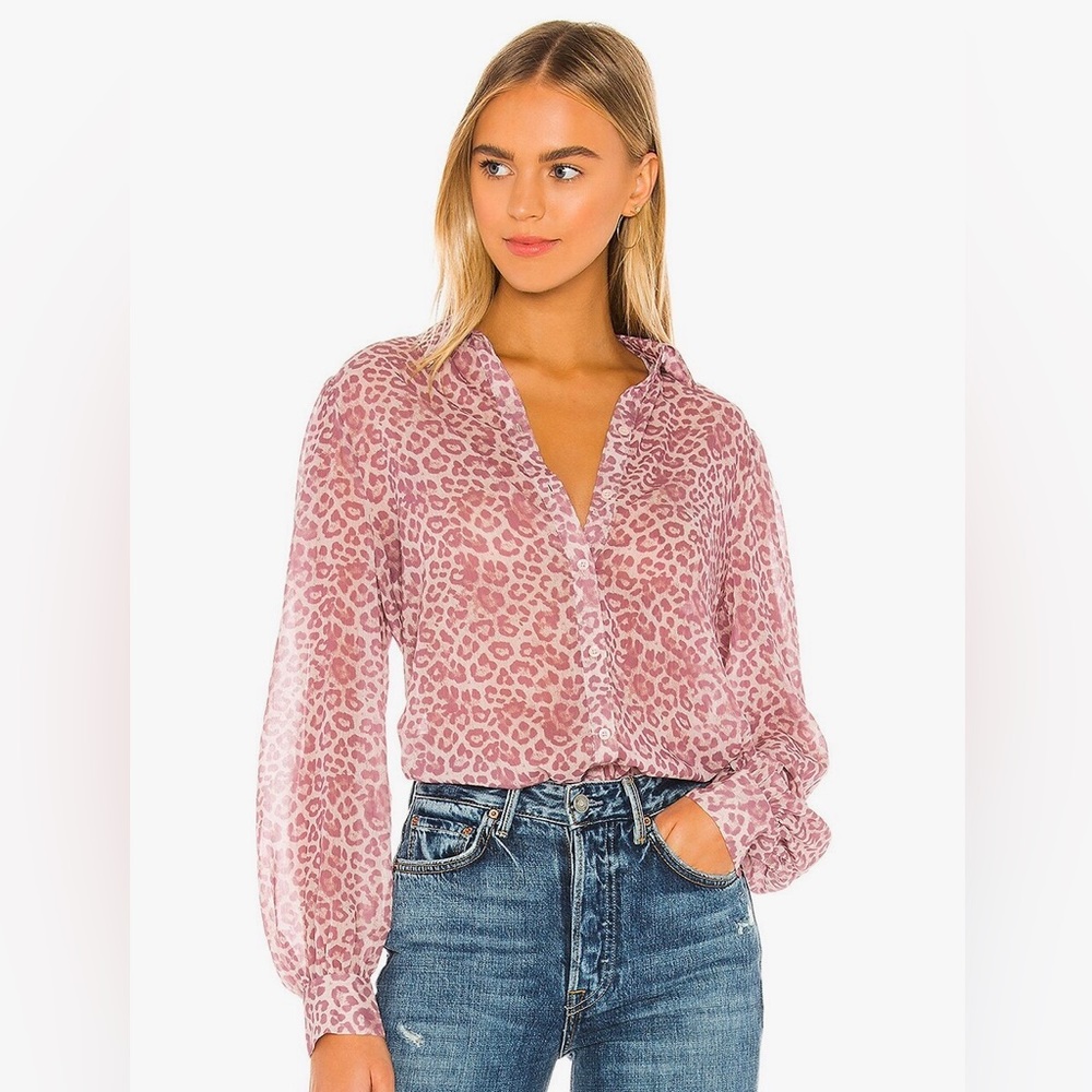 7 For All Mankind Puff Sleeve Button Up Shirt in Rose Leopard - SMALL